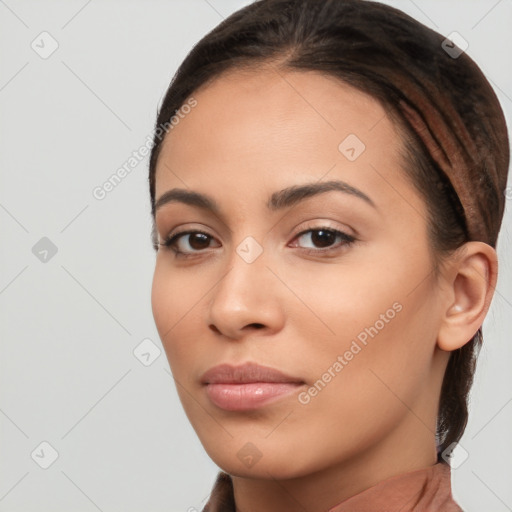 Neutral white young-adult female with short  brown hair and brown eyes