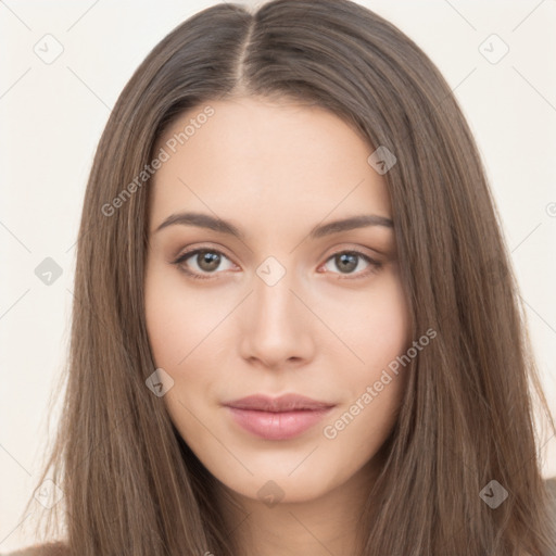 Neutral white young-adult female with long  brown hair and brown eyes