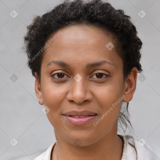 Joyful latino young-adult female with short  brown hair and brown eyes