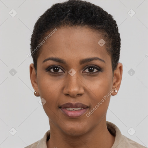 Joyful black young-adult female with short  brown hair and brown eyes