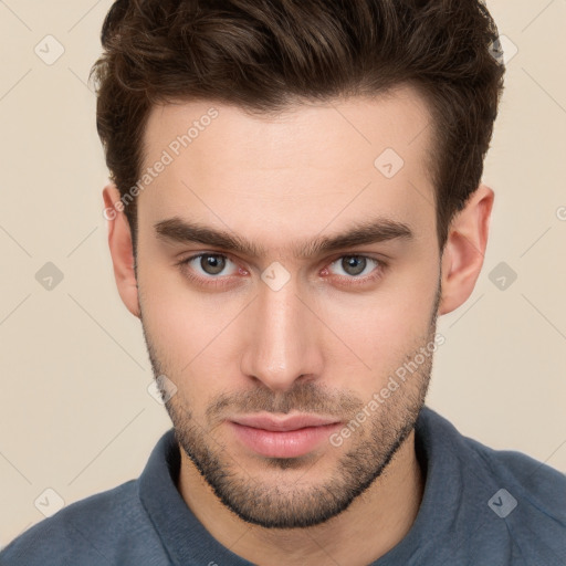 Neutral white young-adult male with short  brown hair and brown eyes