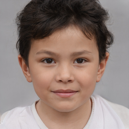 Joyful white child female with short  brown hair and brown eyes