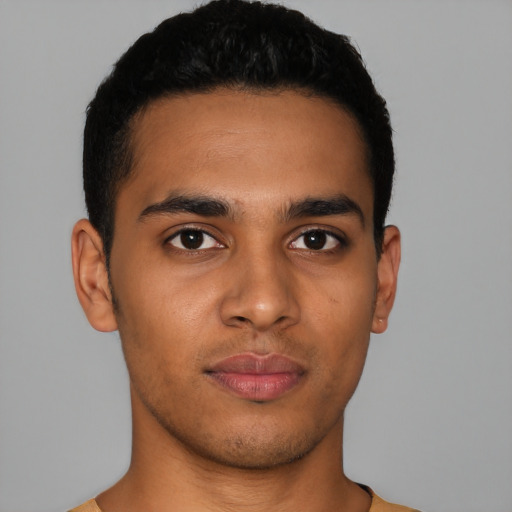 Neutral latino young-adult male with short  brown hair and brown eyes