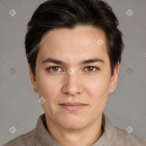 Neutral white young-adult male with short  brown hair and brown eyes