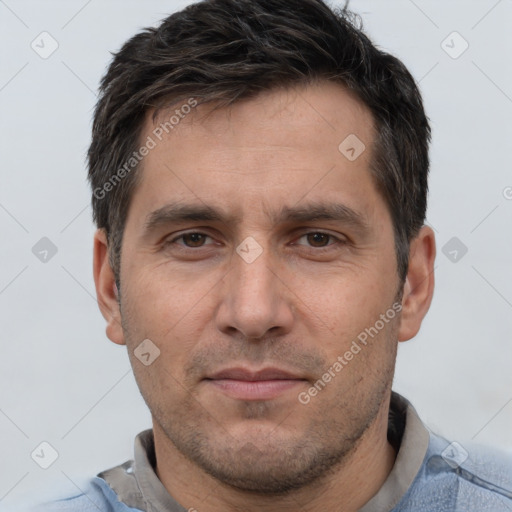 Neutral white adult male with short  brown hair and brown eyes