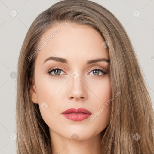 Neutral white young-adult female with long  brown hair and brown eyes