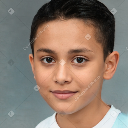 Joyful white child female with short  brown hair and brown eyes