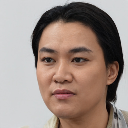 Joyful asian young-adult female with medium  black hair and brown eyes