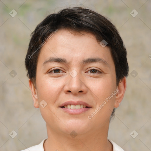 Joyful white young-adult female with short  brown hair and brown eyes