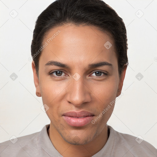 Joyful white young-adult female with short  brown hair and brown eyes