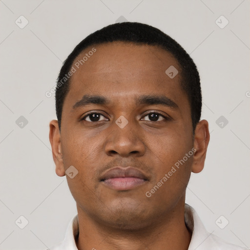 Neutral black young-adult male with short  black hair and brown eyes