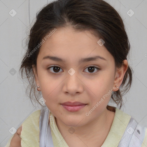 Joyful white child female with medium  brown hair and brown eyes