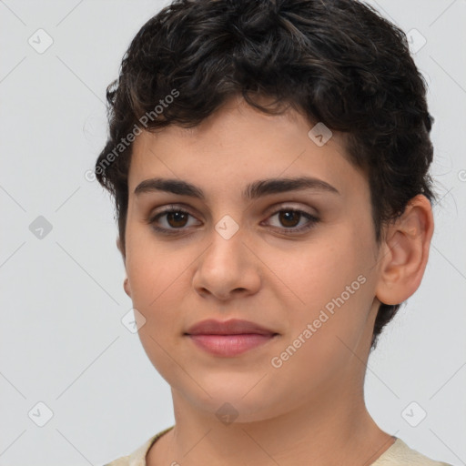 Joyful white young-adult female with short  brown hair and brown eyes