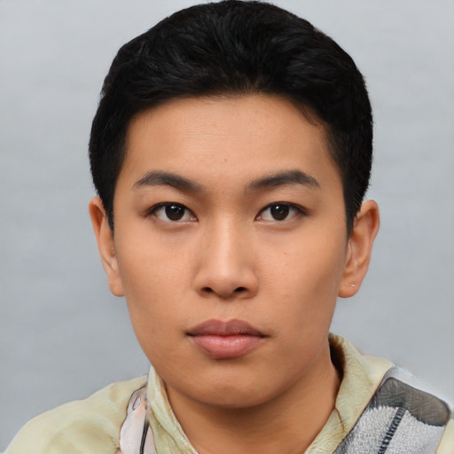Neutral asian young-adult male with short  black hair and brown eyes