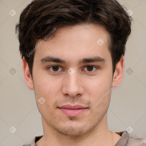 Neutral white young-adult male with short  brown hair and brown eyes