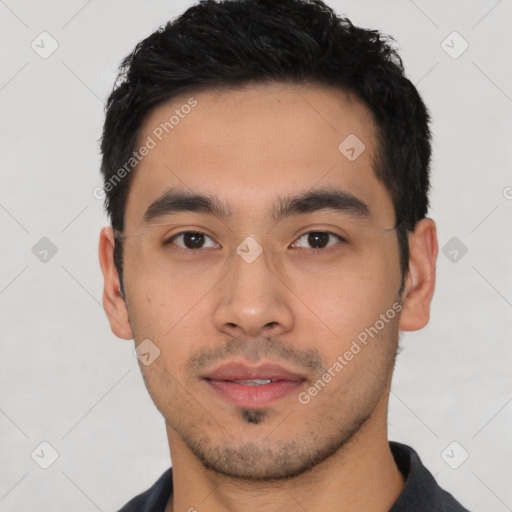 Neutral latino young-adult male with short  black hair and brown eyes