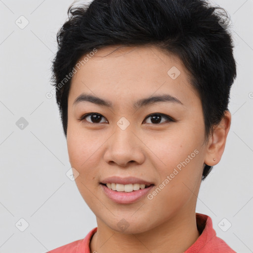 Joyful asian young-adult female with short  brown hair and brown eyes