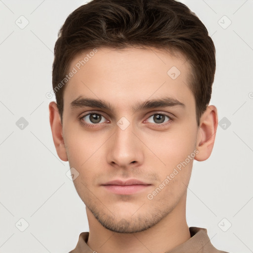 Neutral white young-adult male with short  brown hair and brown eyes