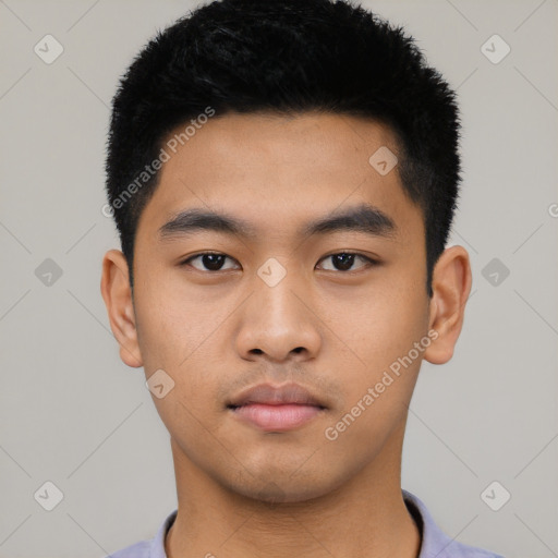 Neutral asian young-adult male with short  black hair and brown eyes