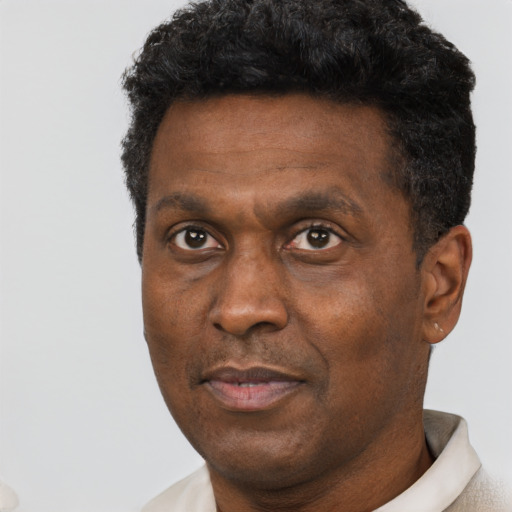Neutral black adult male with short  black hair and brown eyes