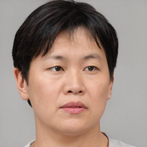 Neutral asian adult male with short  brown hair and brown eyes