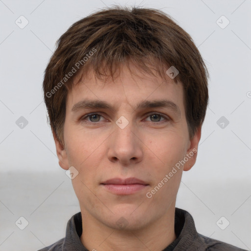 Neutral white young-adult male with short  brown hair and brown eyes