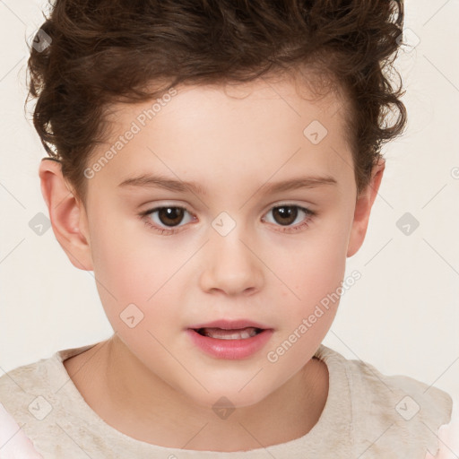 Joyful white child female with short  brown hair and brown eyes