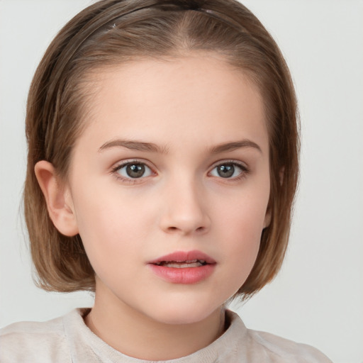 Neutral white child female with medium  brown hair and grey eyes