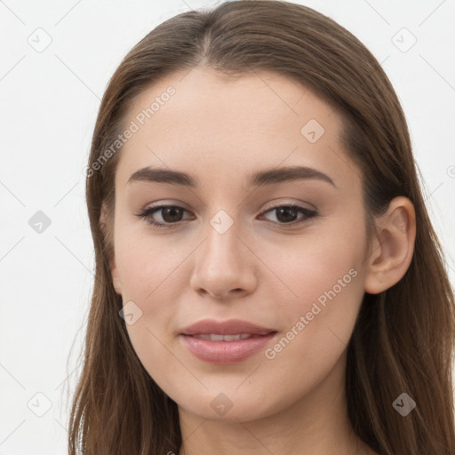 Joyful white young-adult female with long  brown hair and grey eyes