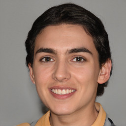 Joyful white young-adult male with medium  brown hair and brown eyes