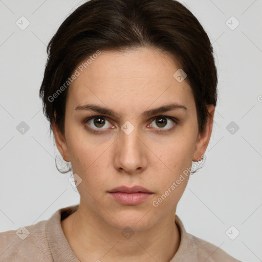 Neutral white young-adult female with short  brown hair and brown eyes