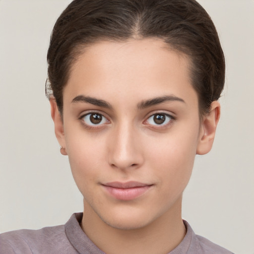 Neutral white young-adult female with short  brown hair and brown eyes