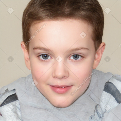 Joyful white child female with short  brown hair and brown eyes