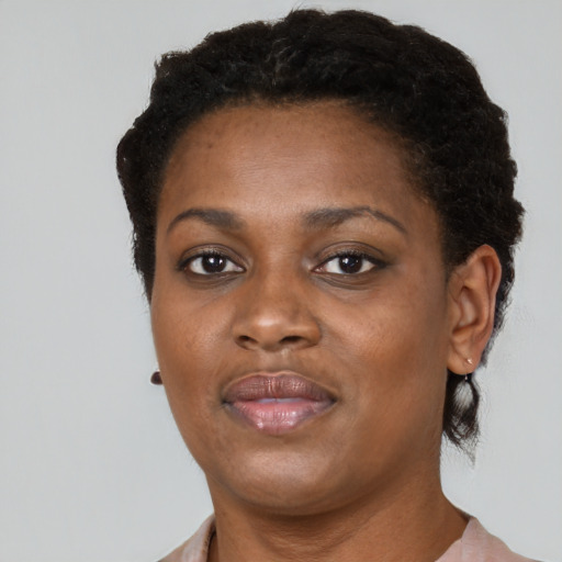 Joyful black adult female with short  brown hair and brown eyes