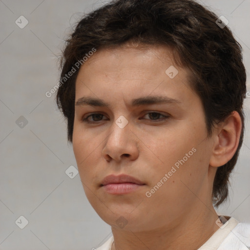 Neutral white young-adult female with short  brown hair and brown eyes