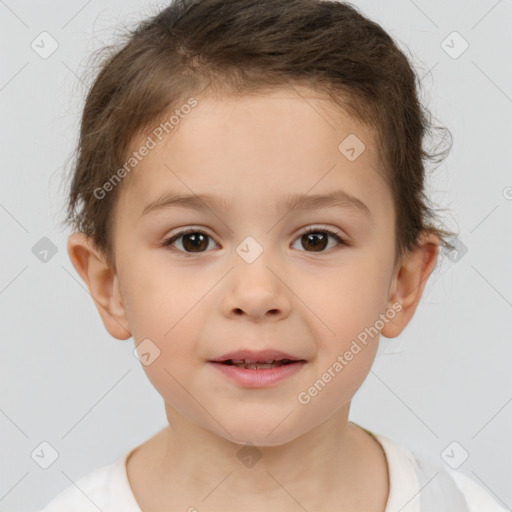 Joyful white child female with short  brown hair and brown eyes