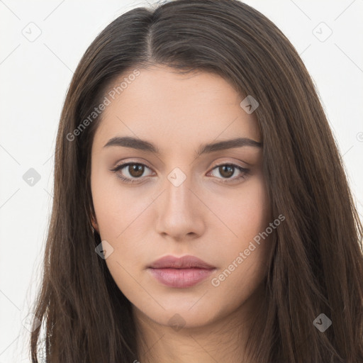 Neutral white young-adult female with long  brown hair and brown eyes