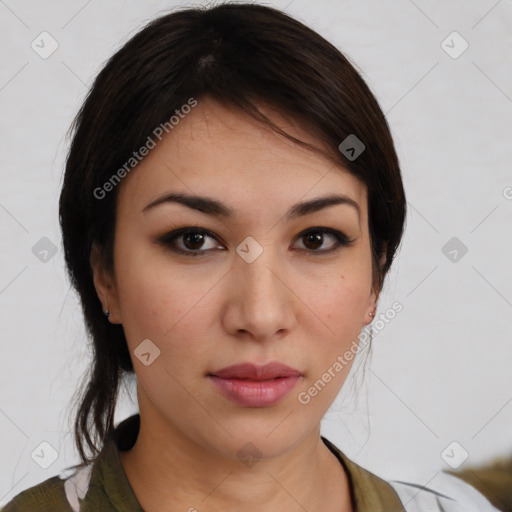 Neutral white young-adult female with medium  brown hair and brown eyes