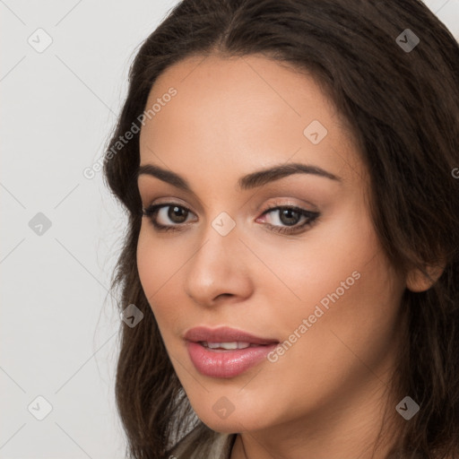 Neutral white young-adult female with long  brown hair and brown eyes