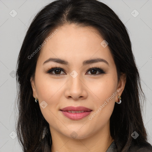 Joyful latino young-adult female with long  brown hair and brown eyes