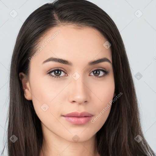 Neutral white young-adult female with long  brown hair and brown eyes