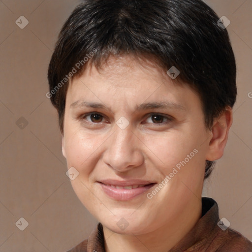 Joyful white adult female with medium  brown hair and brown eyes