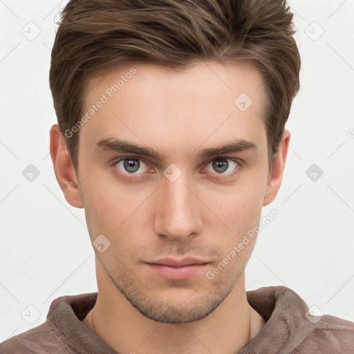 Neutral white young-adult male with short  brown hair and grey eyes