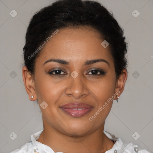 Joyful latino young-adult female with short  brown hair and brown eyes