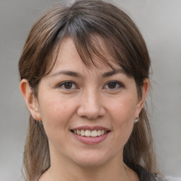 Joyful white adult female with medium  brown hair and grey eyes