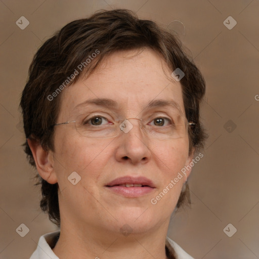 Joyful white adult female with medium  brown hair and green eyes