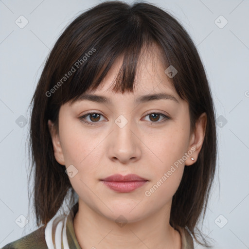 Neutral white young-adult female with medium  brown hair and brown eyes