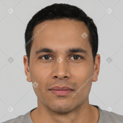 Neutral latino young-adult male with short  black hair and brown eyes