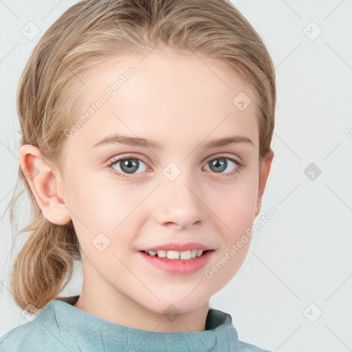 Joyful white child female with medium  brown hair and blue eyes