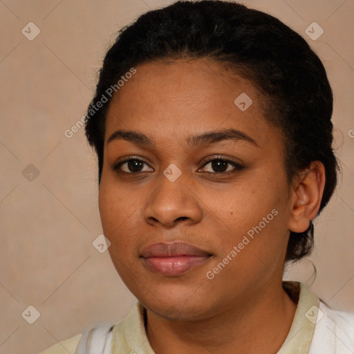 Joyful latino young-adult female with short  brown hair and brown eyes